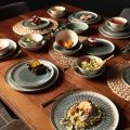 Conjunto de jantar 24 peças bege/verde/grés