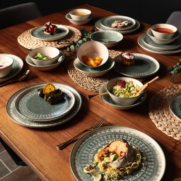 Conjunto de jantar 24 peças bege/verde/grés