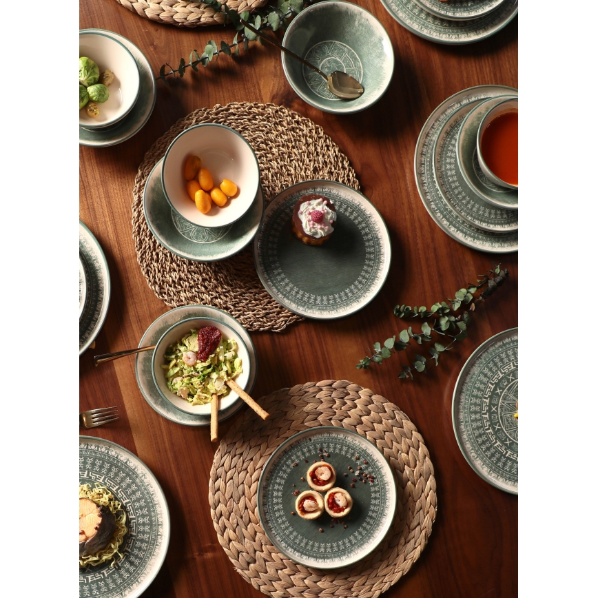 Conjunto de jantar 24 peças bege/verde/grés