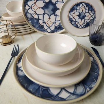 Conjunto de jantar 24 peças branco/azul/cerâmica