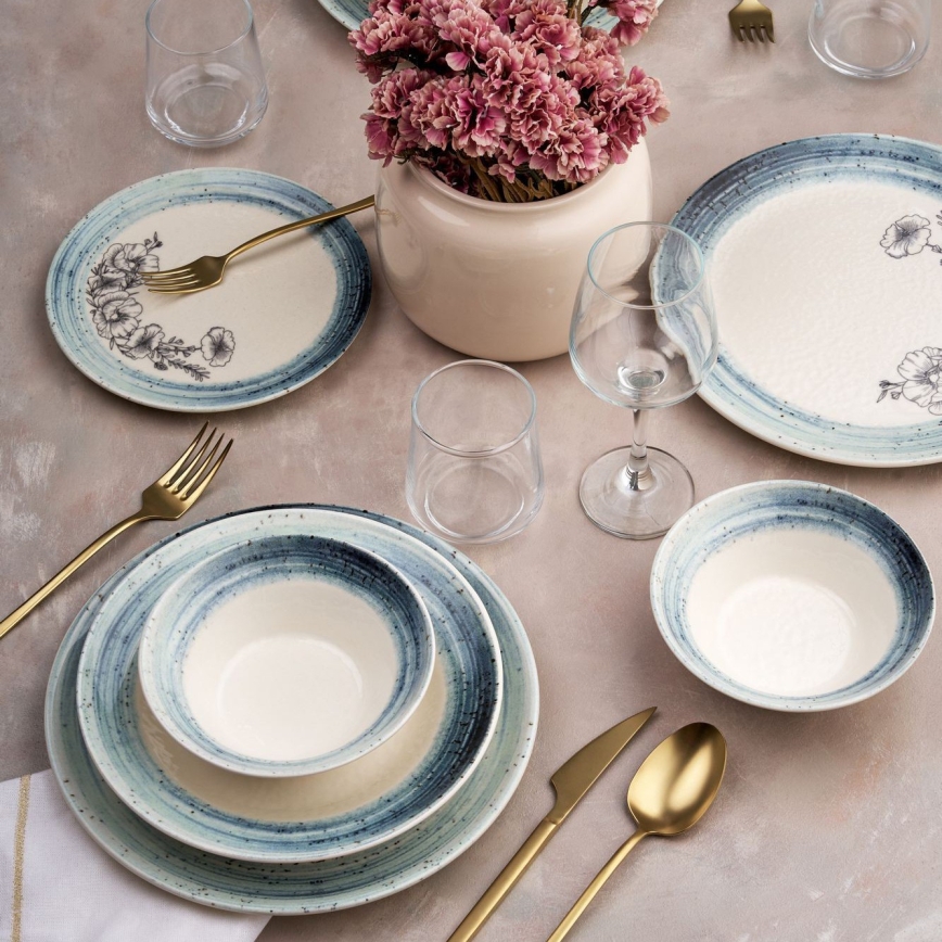 Conjunto de jantar 24 peças branco/azul/cerâmica