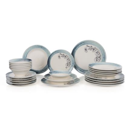 Conjunto de jantar 24 peças branco/azul/cerâmica