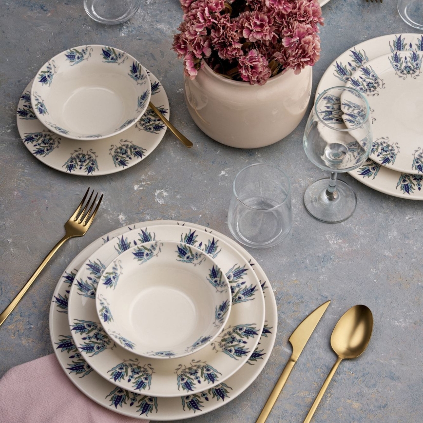 Conjunto de jantar 24 peças branco/azul/cerâmica