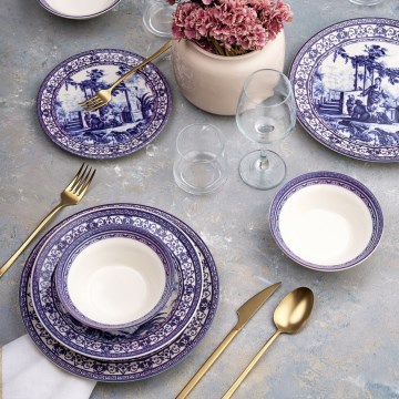 Conjunto de jantar 24 peças branco/azul/cerâmica