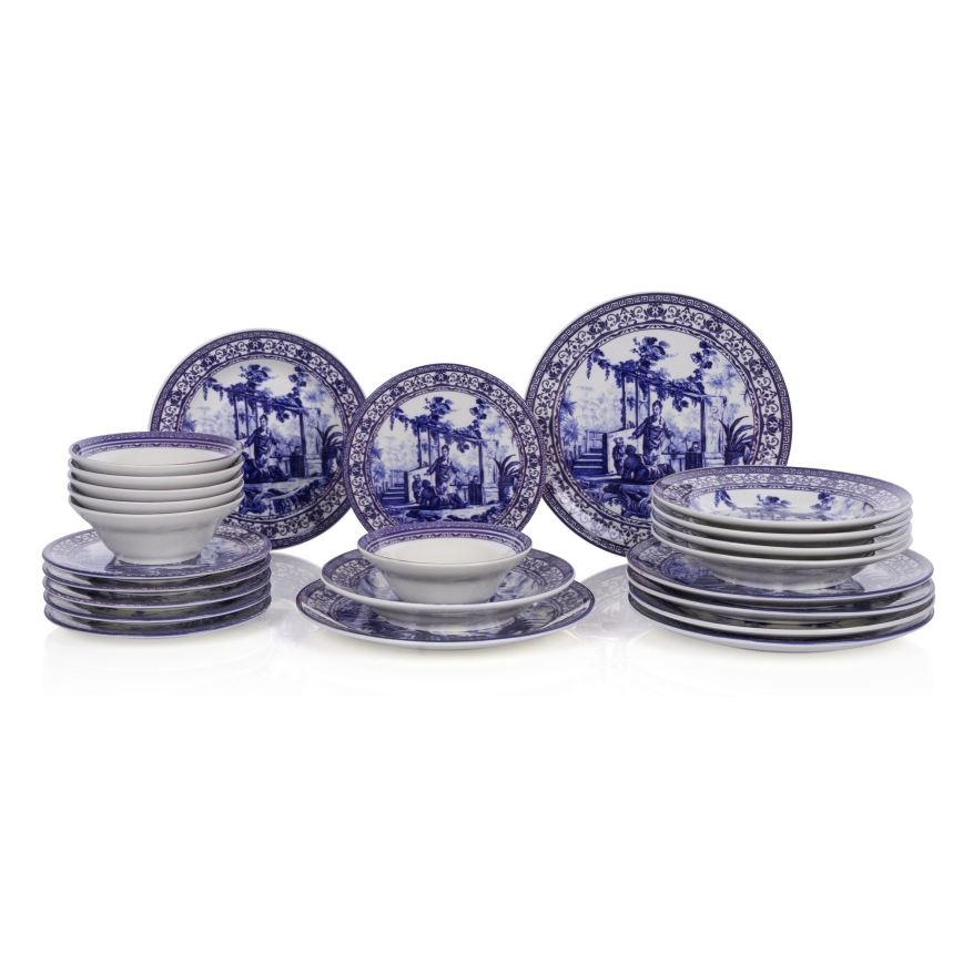 Conjunto de jantar 24 peças branco/azul/cerâmica