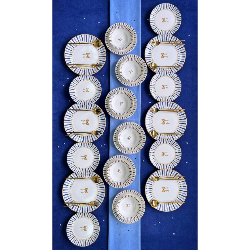 Conjunto de jantar 24 peças branco/azul/dourado, em cerâmica