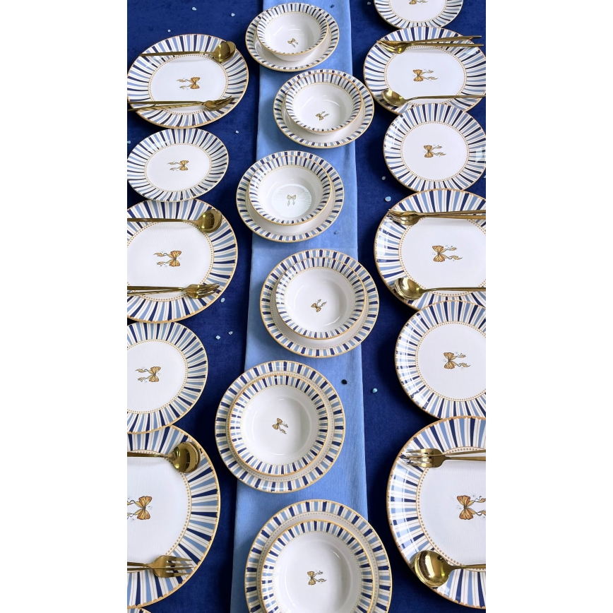 Conjunto de jantar 24 peças branco/azul/dourado, em cerâmica