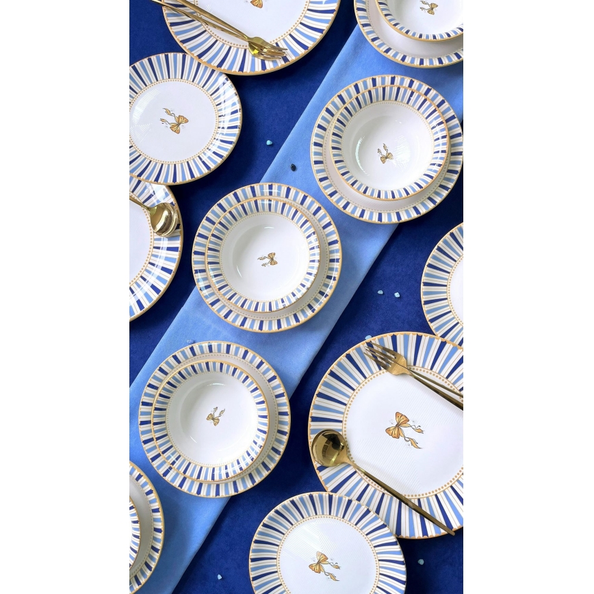 Conjunto de jantar 24 peças branco/azul/dourado, em cerâmica