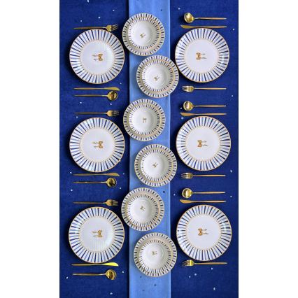 Conjunto de jantar 24 peças branco/azul/dourado, em cerâmica