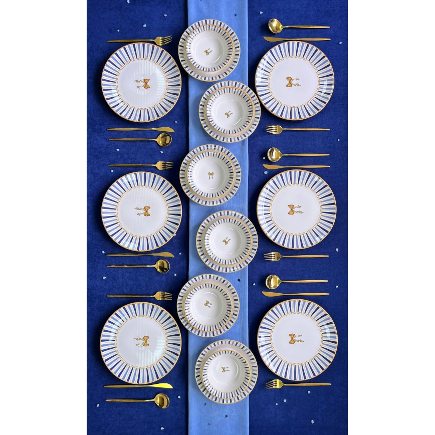 Conjunto de jantar 24 peças branco/azul/dourado, em cerâmica