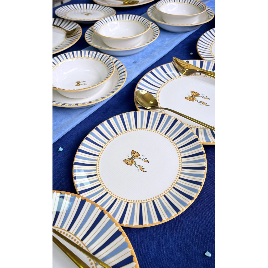 Conjunto de jantar 24 peças branco/azul/dourado, em cerâmica