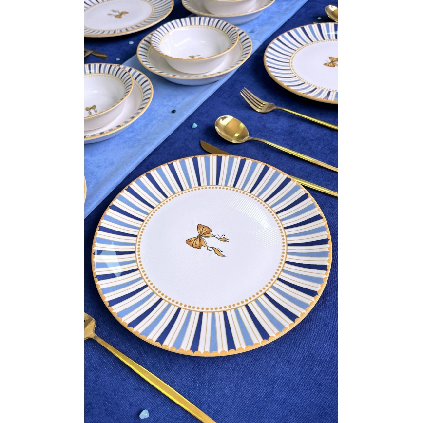Conjunto de jantar 24 peças branco/azul/dourado, em cerâmica