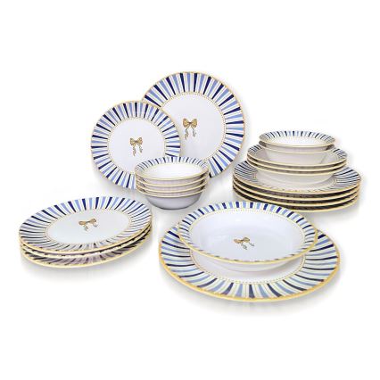 Conjunto de jantar 24 peças branco/azul/dourado, em cerâmica