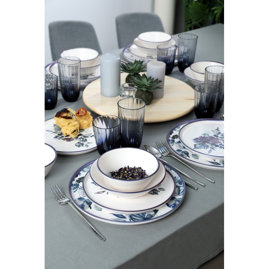 Conjunto de jantar 24 peças, branco/azul, em cerâmica