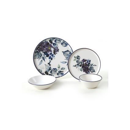 Conjunto de jantar 24 peças, branco/azul, em cerâmica