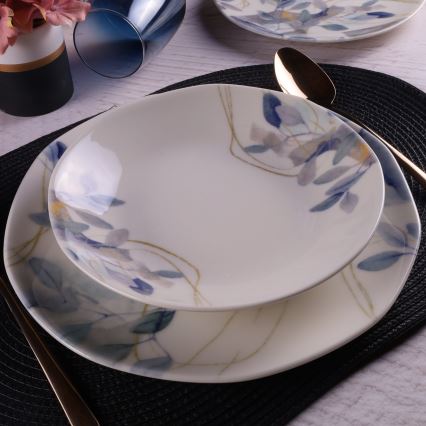 Conjunto de jantar 24 peças branco/azul em porcelana