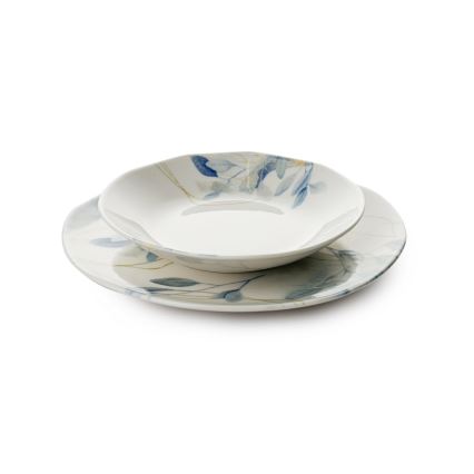Conjunto de jantar 24 peças branco/azul em porcelana