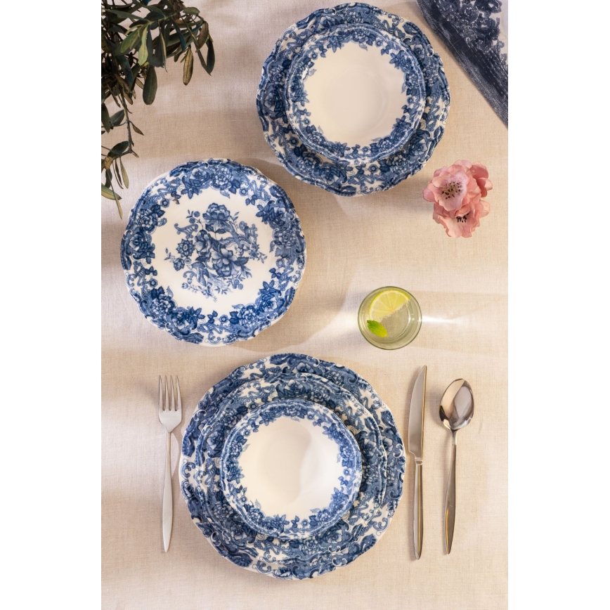 Conjunto de jantar 24 peças, branco/azul, em porcelana