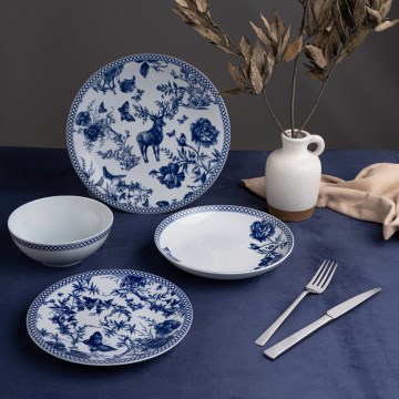Conjunto de jantar 24 peças branco/azul/porcelana