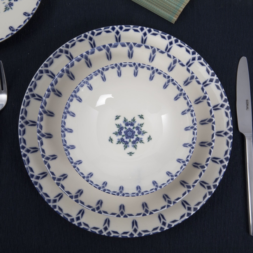 Conjunto de jantar 24 peças branco/azul/porcelana