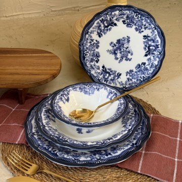 Conjunto de jantar 24 peças branco/azul/porcelana