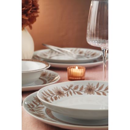 Conjunto de jantar 24 peças branco/castanho/porcelana