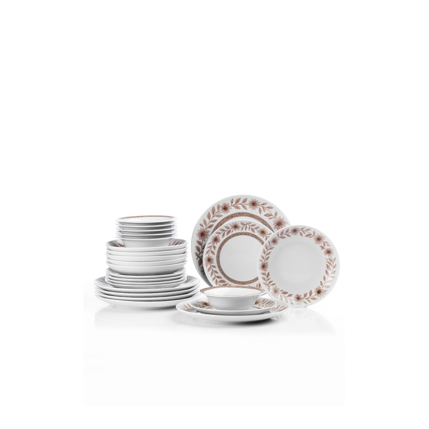 Conjunto de jantar 24 peças branco/castanho/porcelana