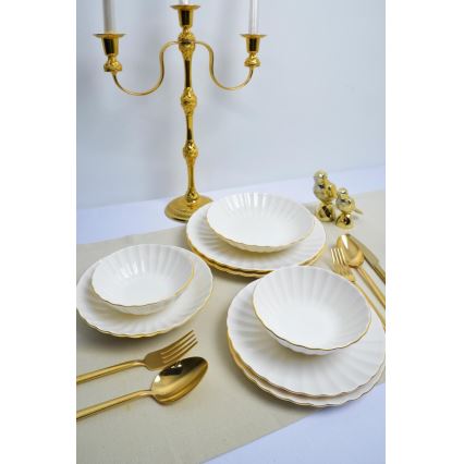 Conjunto de jantar 24 peças, branco/dourado, em porcelana