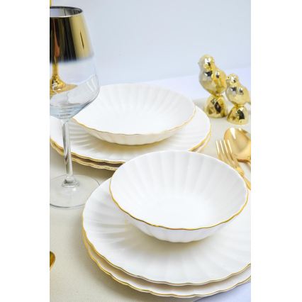 Conjunto de jantar 24 peças, branco/dourado, em porcelana