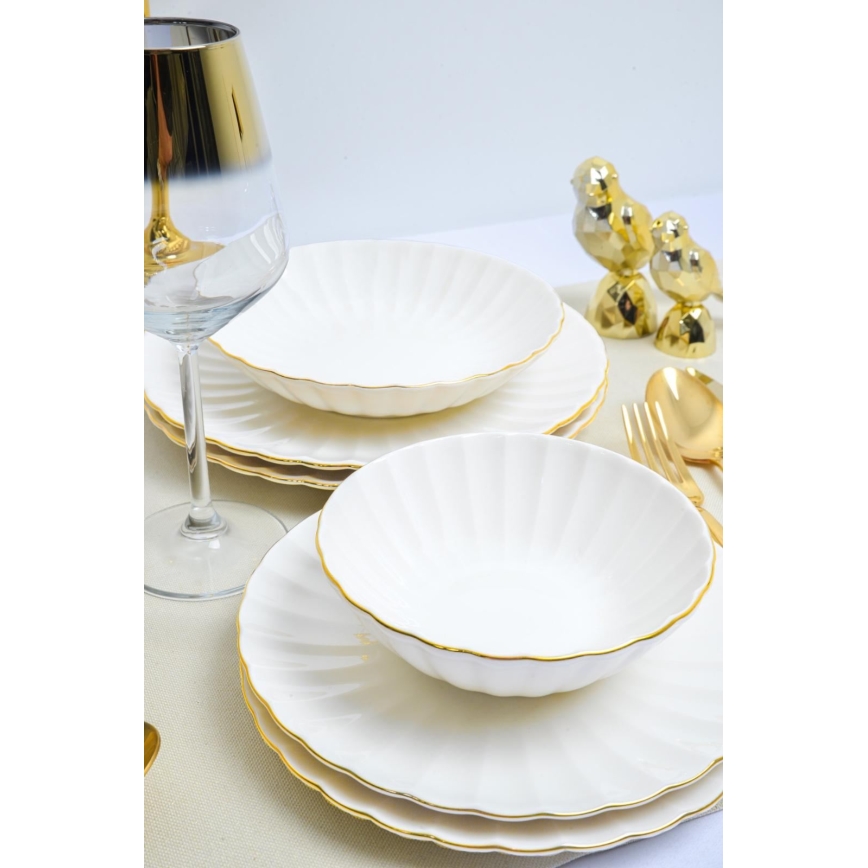 Conjunto de jantar 24 peças, branco/dourado, em porcelana
