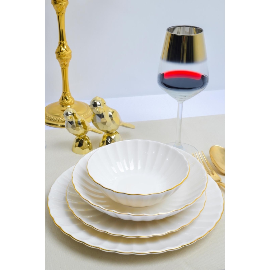 Conjunto de jantar 24 peças, branco/dourado, em porcelana