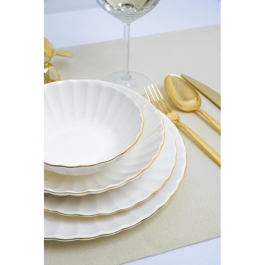 Conjunto de jantar 24 peças, branco/dourado, em porcelana