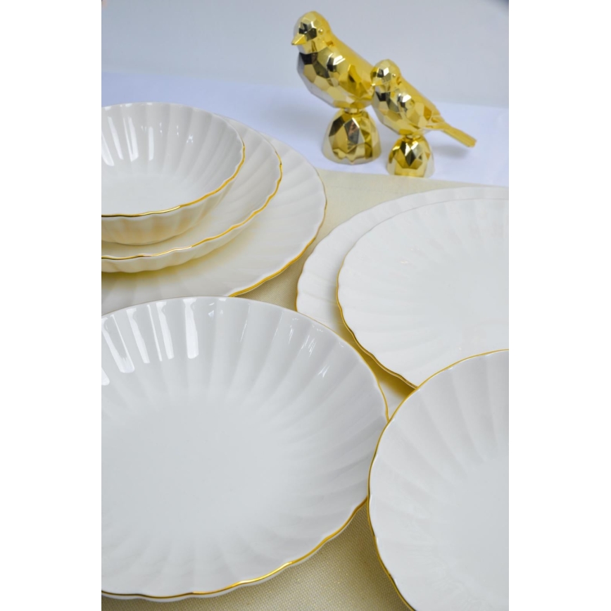 Conjunto de jantar 24 peças, branco/dourado, em porcelana