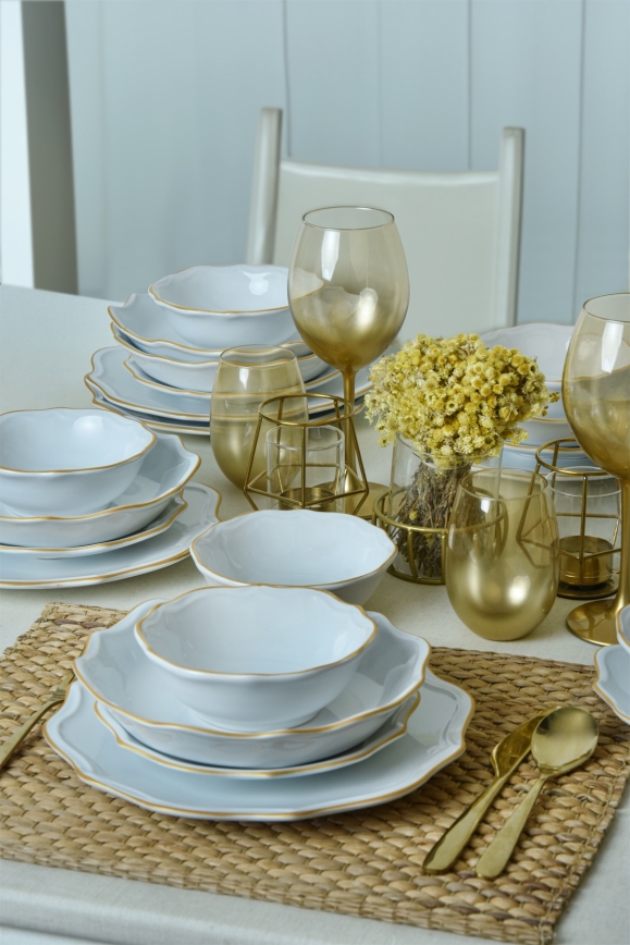 Conjunto de jantar 24 peças branco/dourado/grés