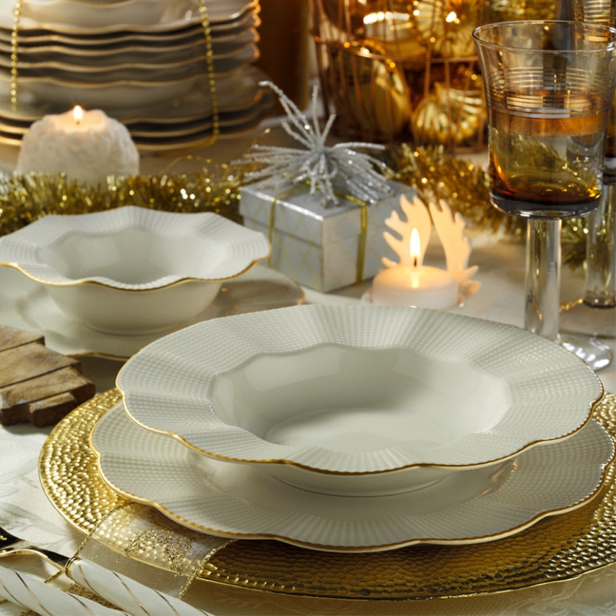 Conjunto de jantar 24 peças branco/dourado/porcelana