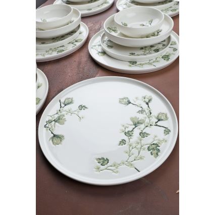 Conjunto de jantar 24 peças, branco e verde, em porcelana