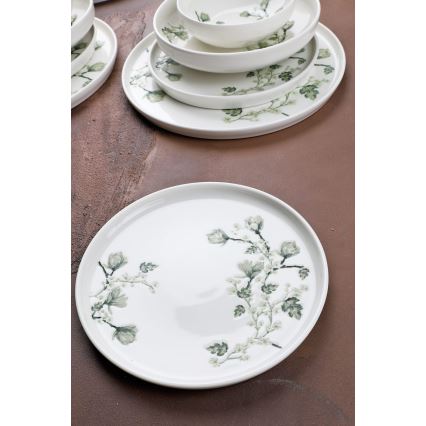 Conjunto de jantar 24 peças, branco e verde, em porcelana