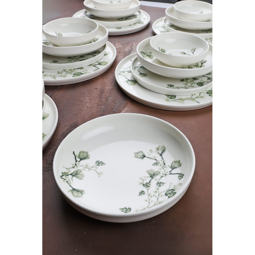 Conjunto de jantar 24 peças, branco e verde, em porcelana