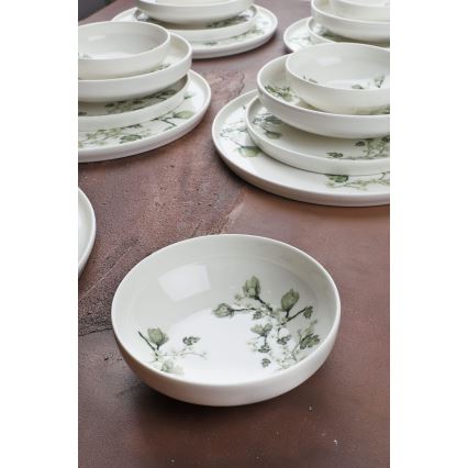 Conjunto de jantar 24 peças, branco e verde, em porcelana