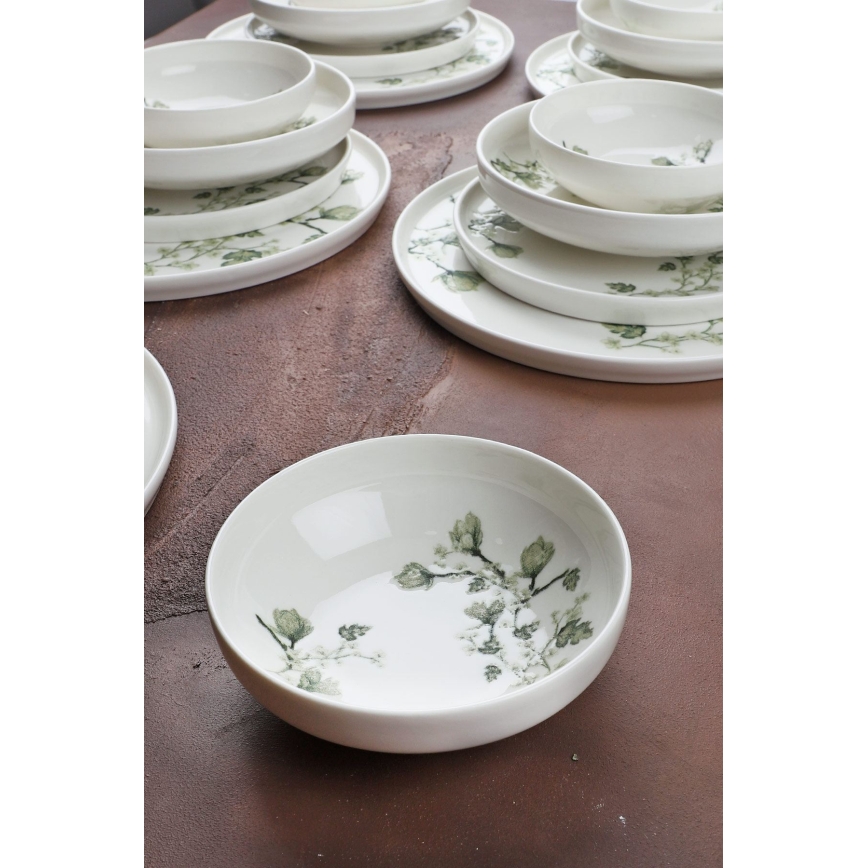 Conjunto de jantar 24 peças, branco e verde, em porcelana