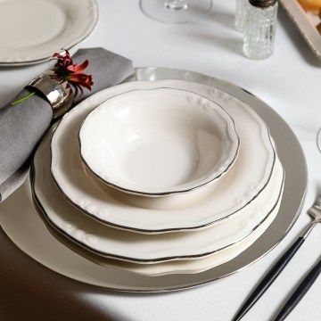 Conjunto de jantar 24 peças, branco/prateado, em porcelana