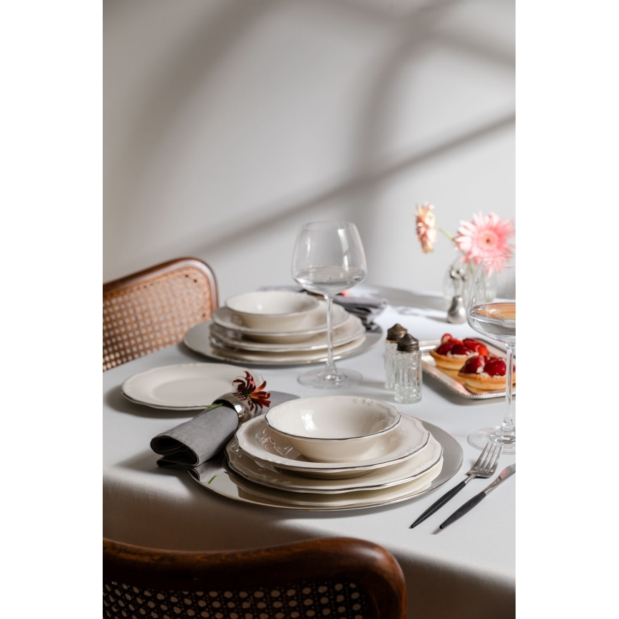 Conjunto de jantar 24 peças, branco/prateado, em porcelana
