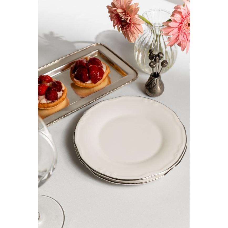 Conjunto de jantar 24 peças, branco/prateado, em porcelana