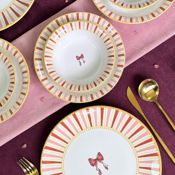 Conjunto de jantar 24 peças branco/rosa/dourado/cerâmica