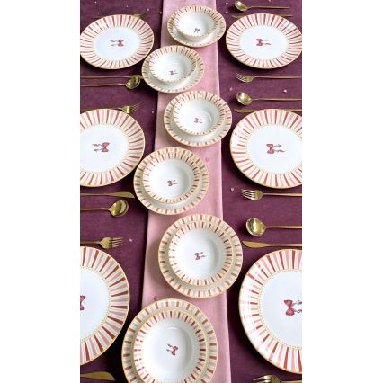 Conjunto de jantar 24 peças branco/rosa/dourado/cerâmica