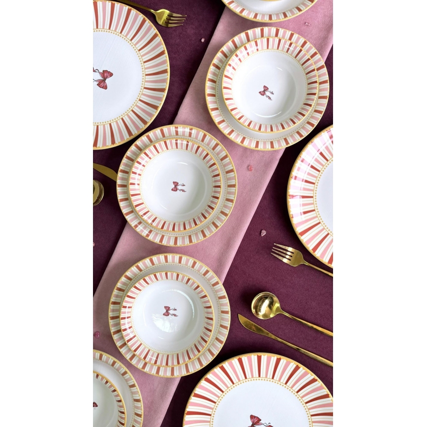 Conjunto de jantar 24 peças branco/rosa/dourado/cerâmica