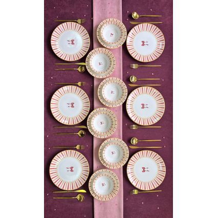 Conjunto de jantar 24 peças branco/rosa/dourado/cerâmica