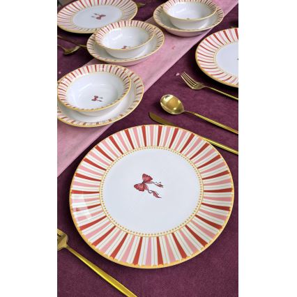 Conjunto de jantar 24 peças branco/rosa/dourado/cerâmica