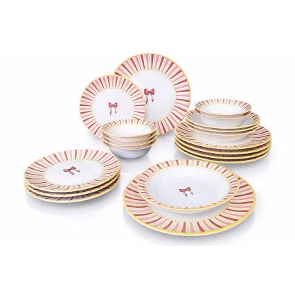Conjunto de jantar 24 peças branco/rosa/dourado/cerâmica