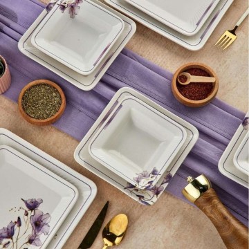 Conjunto de jantar 24 peças branco/roxo/cerâmica
